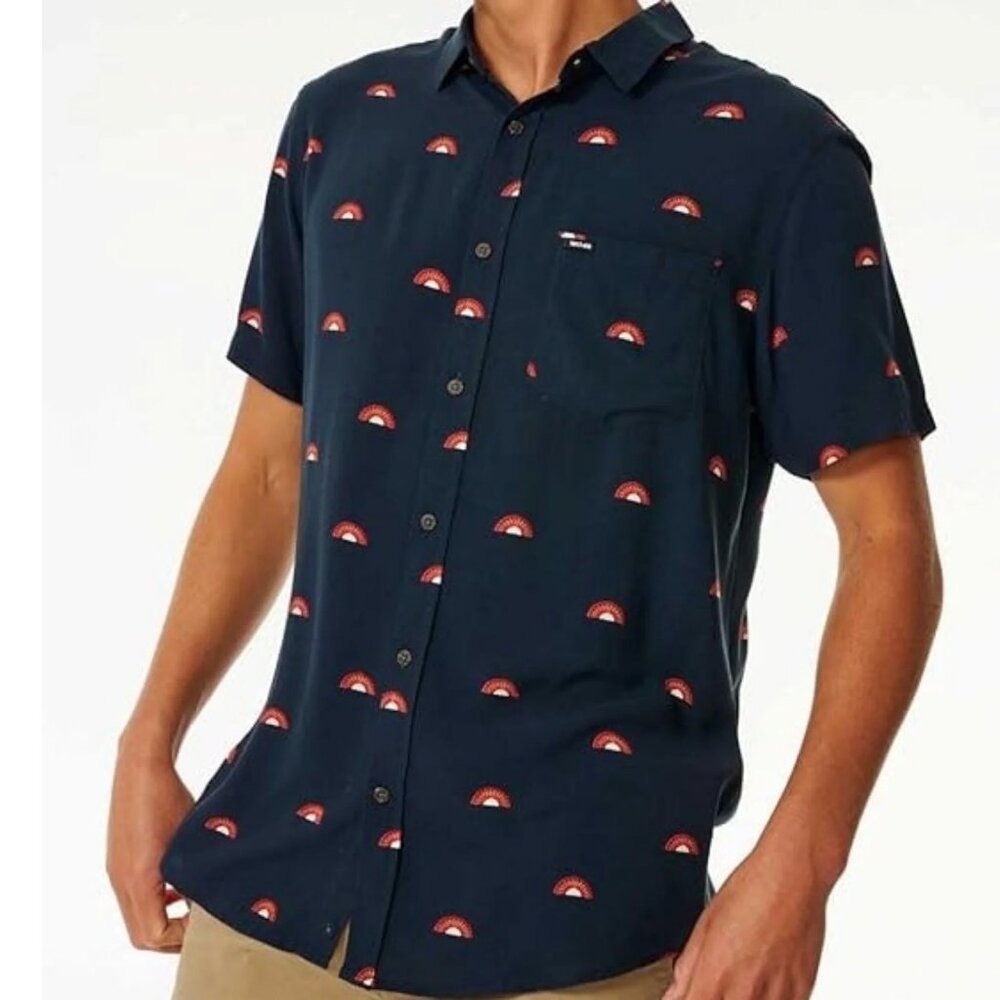 Rip Curl Button Down Shirt Men Large Navy Short Sleeve Surf Print Beach Travel